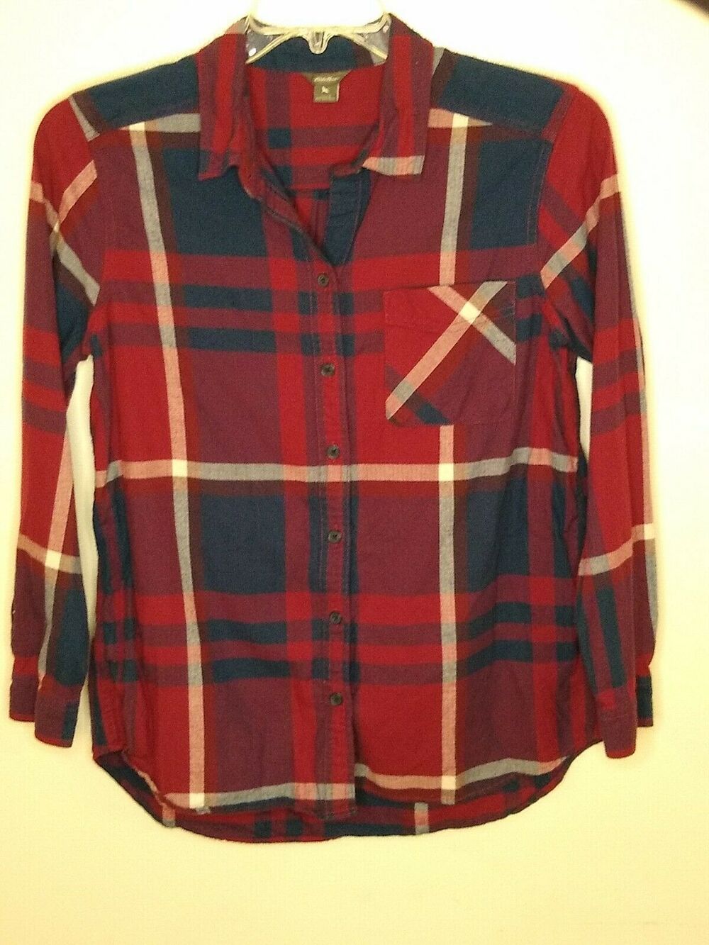 Eddie Bauer Women's Maroon Plaid Long Sleeve Button Up Shirt Size L